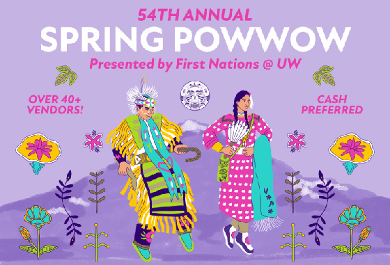 Dancers in traditional regalia and flags parade into Hec Edmundson Pavilion